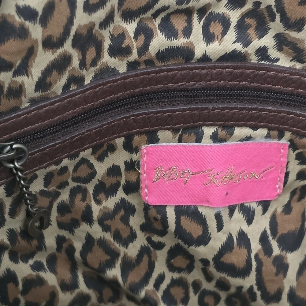 Betsey Johnson VTG Y2K Heavy Brown Leather Studded Tote Handbag Charms Large